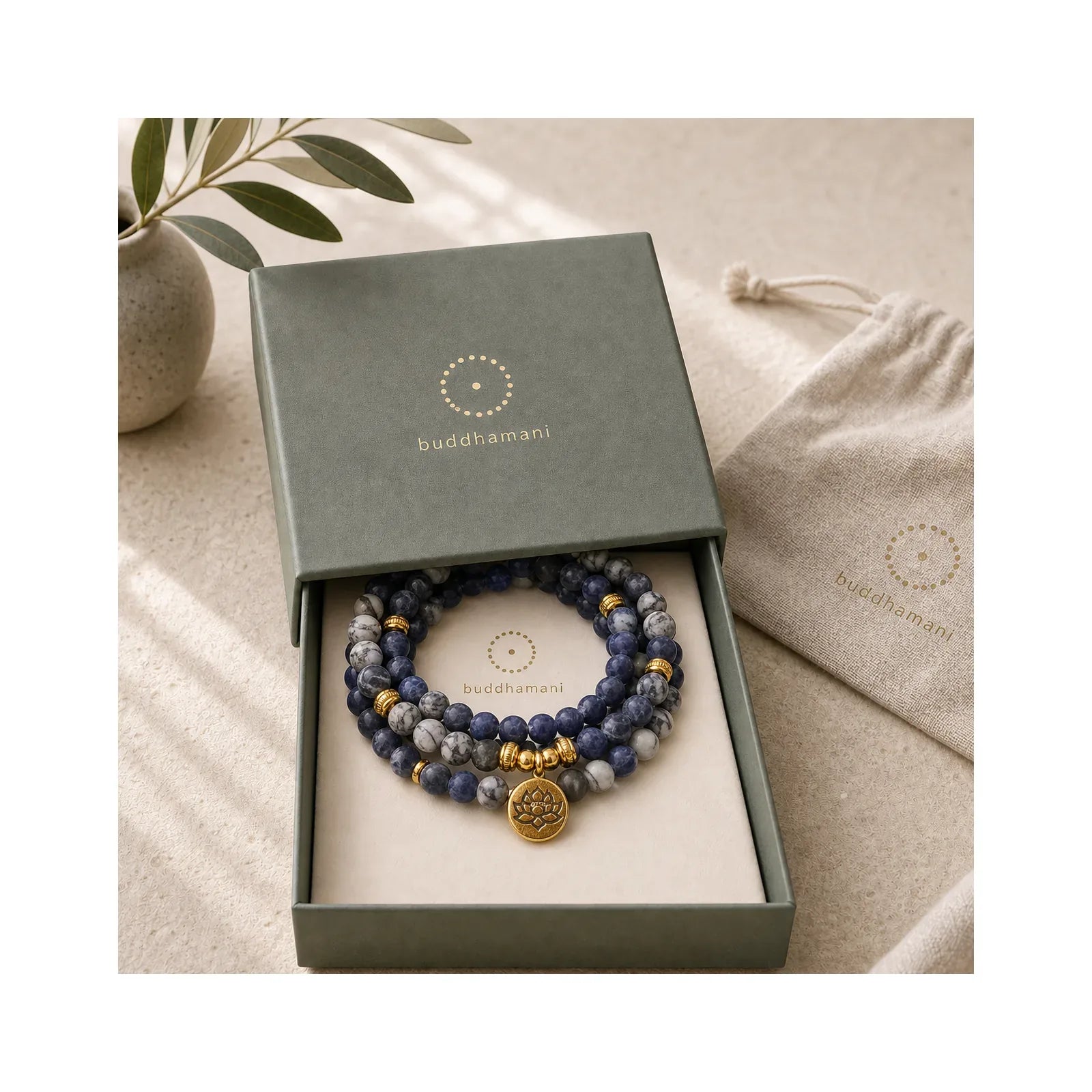 108 Mala Beads Sodalite Zebra Jasper Crystal Lotus Strength Bracelet featuring Sodalite, Zebra Jasper, Lotus