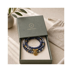 108 Mala Beads Sodalite Zebra Jasper Crystal Lotus Strength Bracelet featuring Sodalite, Zebra Jasper, Lotus