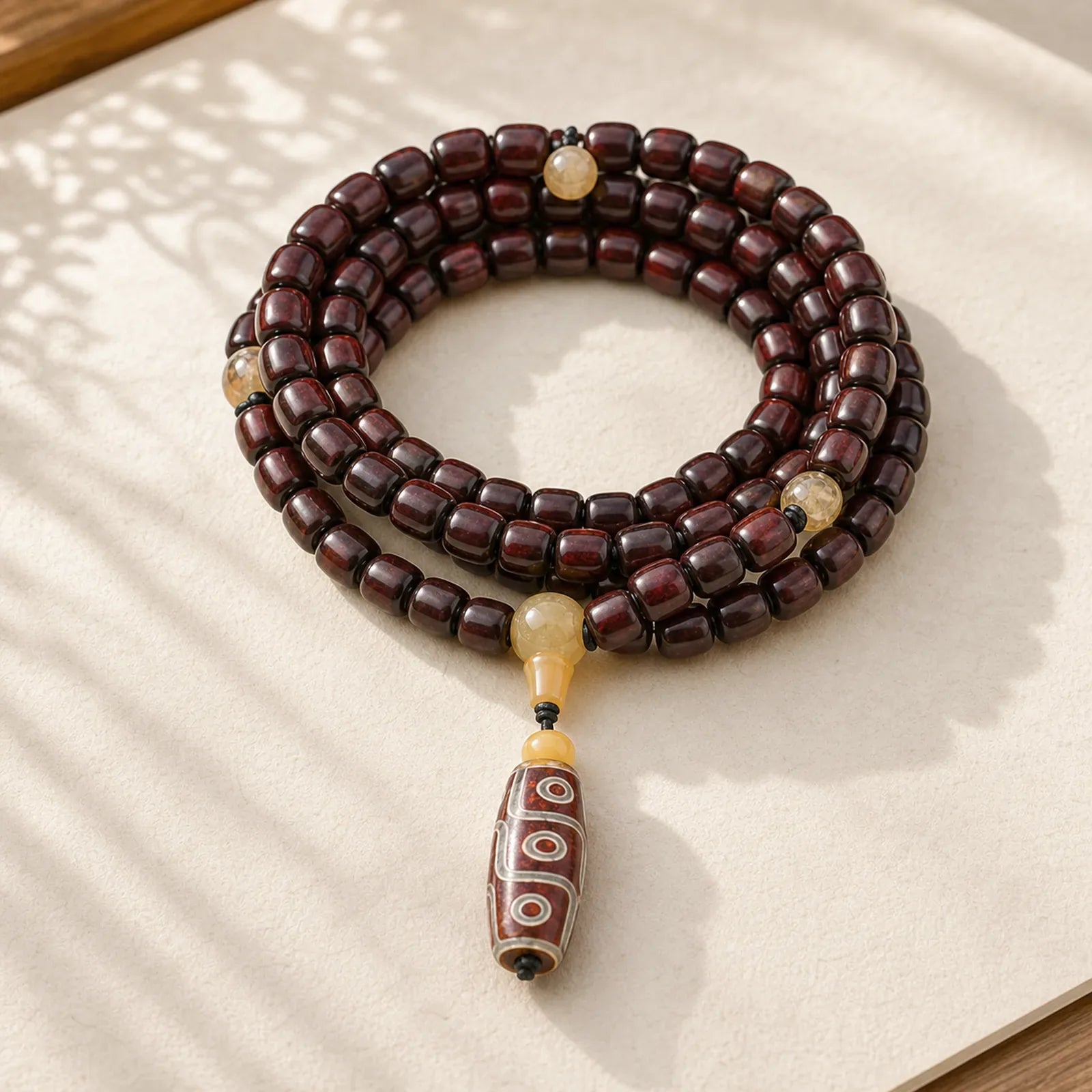 108 Mala Beads Three-eyed Dzi Bead Nine-eye Dzi Bead Jade Luck Bracelet featuring Three-eyed Dzi Bead, Dzi Bead, Nine-Eye Dzi Bead