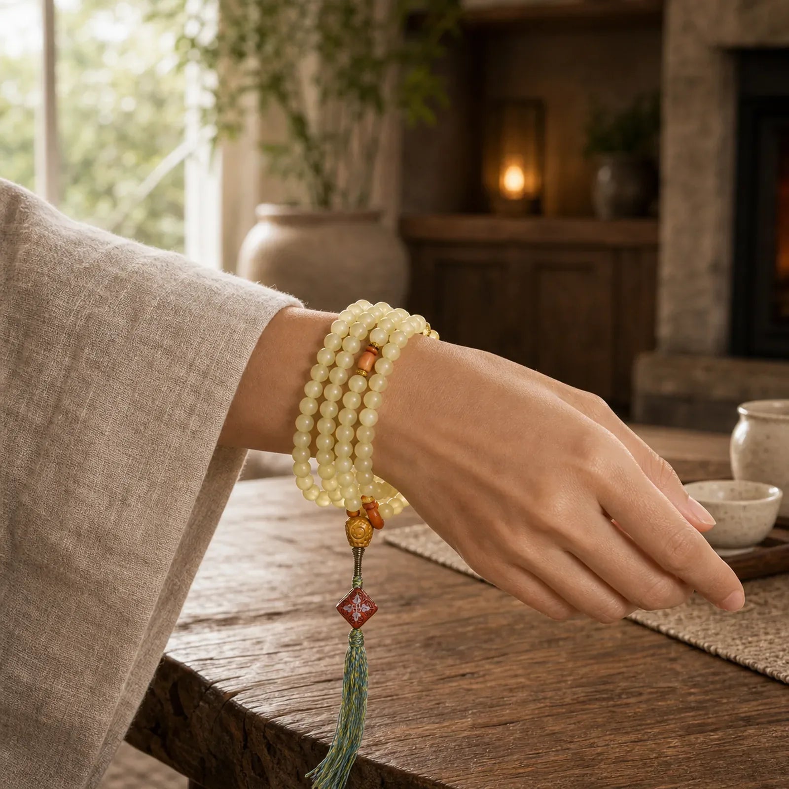 108 Mala Beads Tibet Sheep Horn Amber Luck Bracelet featuring Sheep Horn, Amber, Rosewood