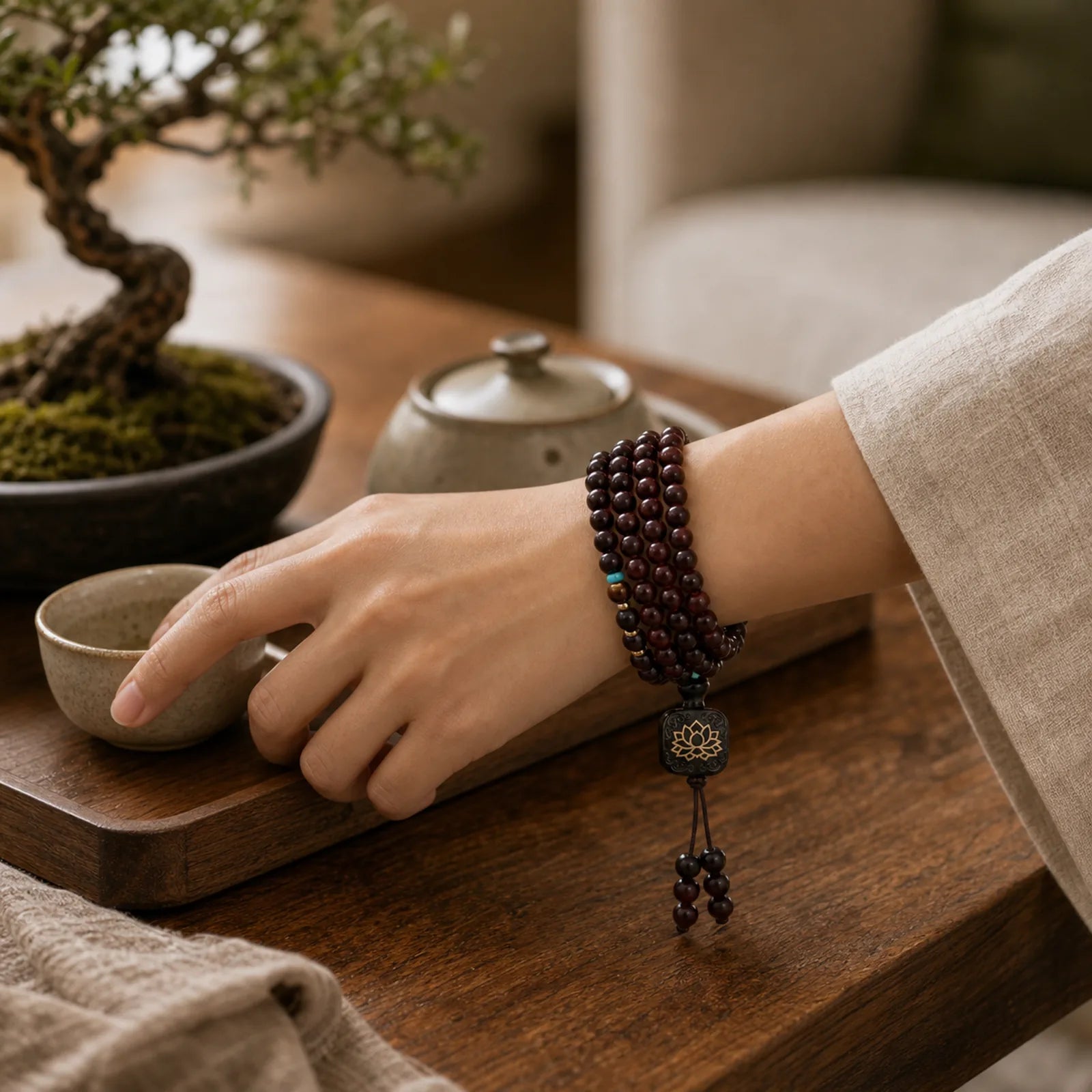 108 Mala Beads Tibetan Small Leaf Red Sandalwood Lotus Balance Bracelet featuring Small Leaf Red Sandalwood, Red Sandalwood, Sandalwood
