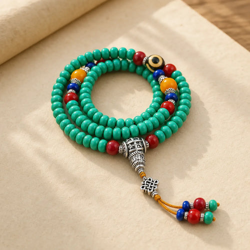 108 Mala Beads Tibetan Turquoise Dzi Bead Protection Bracelet featuring Turquoise, Dzi Bead, Nine-Eye Dzi Bead