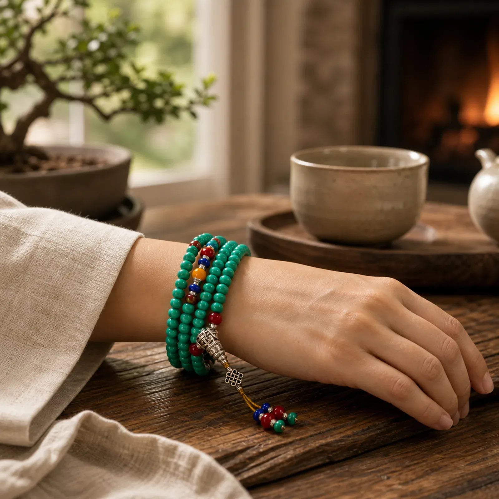 108 Mala Beads Tibetan Turquoise Dzi Bead Protection Bracelet featuring Turquoise, Dzi Bead, Nine-Eye Dzi Bead