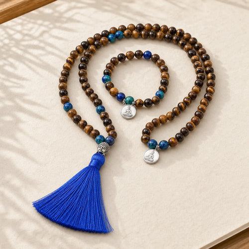 108 Mala Beads Tiger Eye Buddha Strength Bracelet Tassel Necklace Pendant featuring Tiger Eye, Buddha Symbol