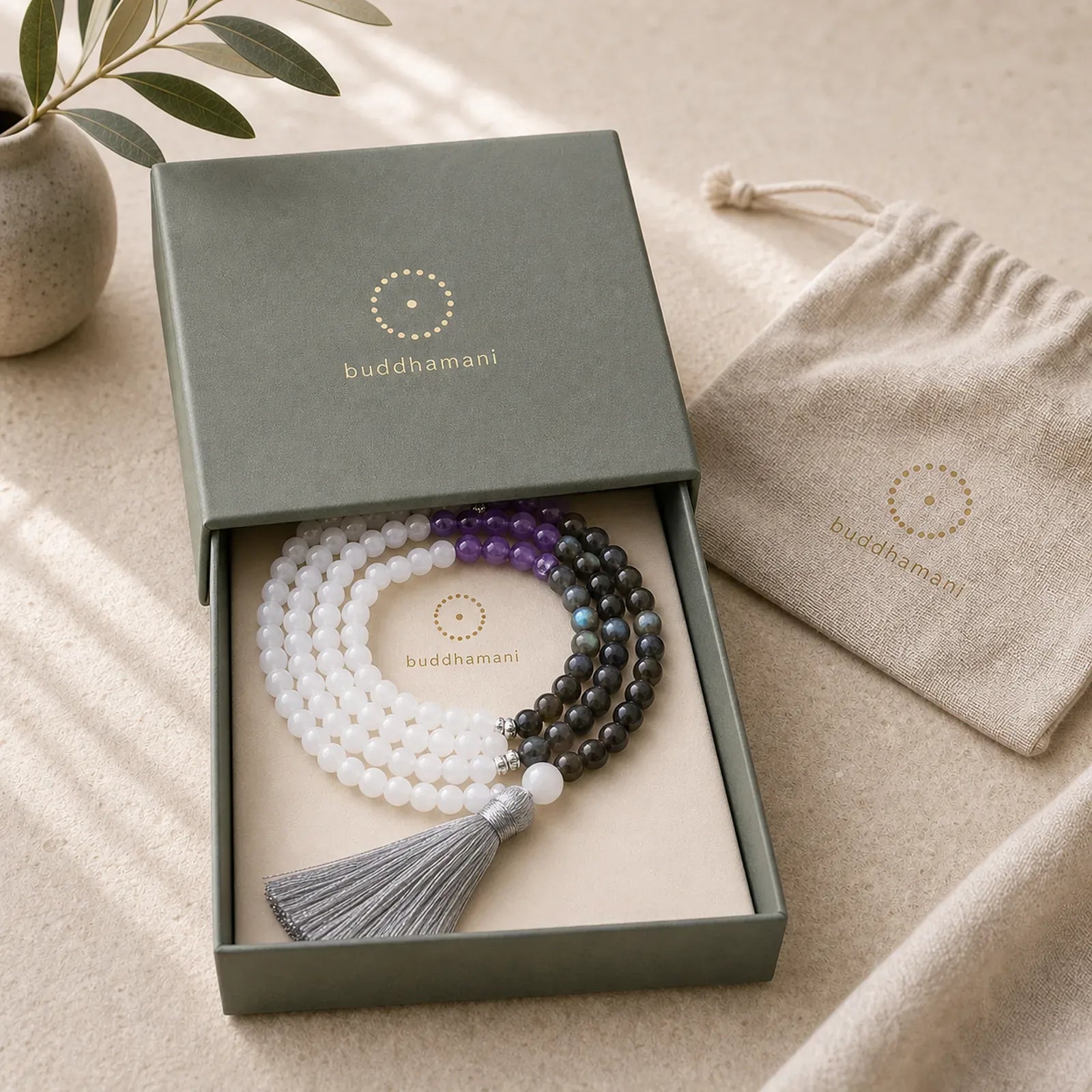 108 Mala Beads White Agate Amethyst Black Glitter Stone Protection Bracelet (Extra 35% Off | USE CODE: FS35) featuring White Agate, Amethyst, Black Glitter Stone