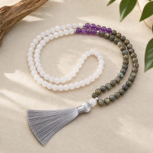 108 Mala Beads White Agate Amethyst Black Glitter Stone Protection Bracelet (Extra 35% Off | USE CODE: FS35) featuring White Agate, Amethyst, Black Glitter Stone