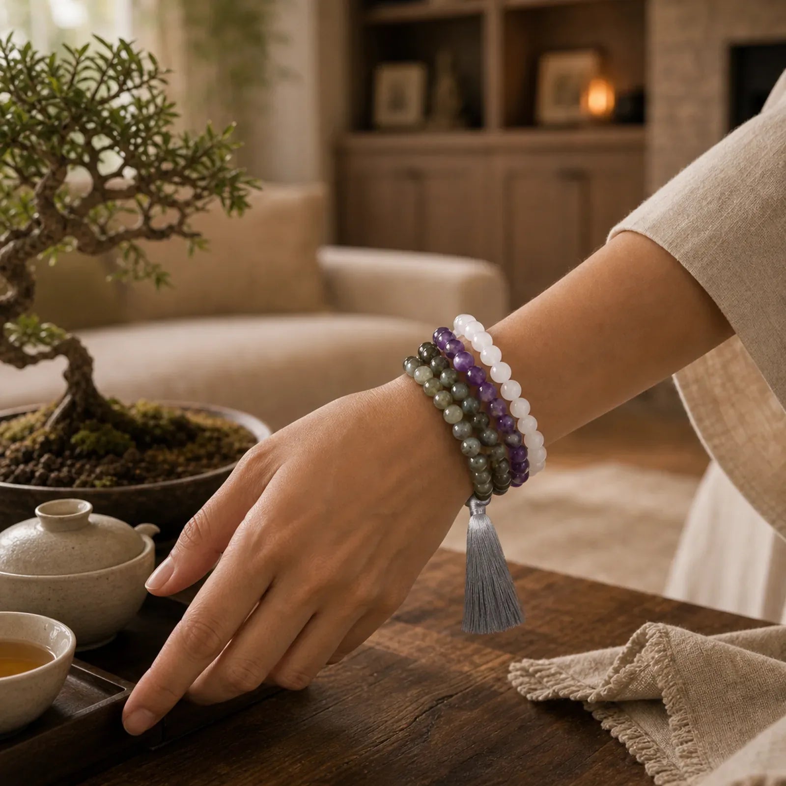 108 Mala Beads White Agate Amethyst Black Glitter Stone Protection Bracelet (Extra 35% Off | USE CODE: FS35) featuring White Agate, Amethyst, Black Glitter Stone