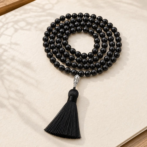 108 Mala Black Onyx Beads Yoga Meditation Prayer Beads Necklace featuring Black Onyx