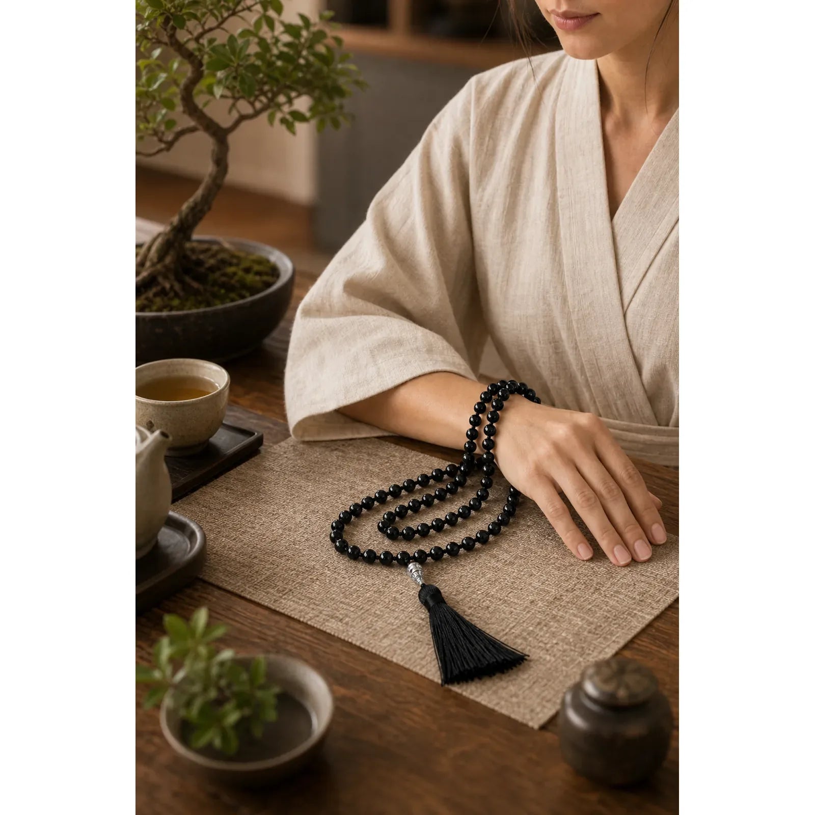 108 Mala Black Onyx Beads Yoga Meditation Prayer Beads Necklace featuring Black Onyx