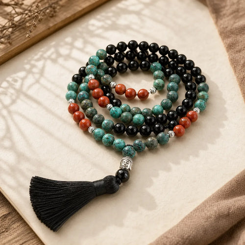 108 Mala Natural Black Onyx Red Jasper Turquoise Beads Buddha Head Tassel Protection Bracelet featuring Black Onyx, Red Jasper, Turquoise