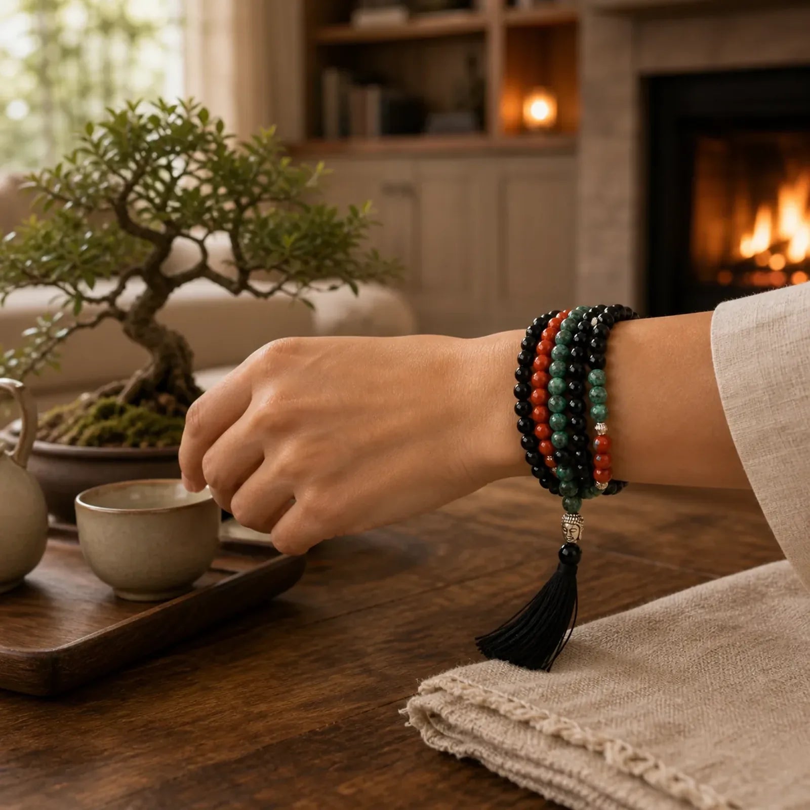 108 Mala Natural Black Onyx Red Jasper Turquoise Beads Buddha Head Tassel Protection Bracelet featuring Black Onyx, Red Jasper, Turquoise