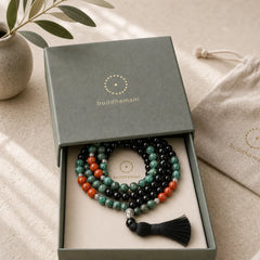 108 Mala Natural Black Onyx Red Jasper Turquoise Beads Buddha Head Tassel Protection Bracelet featuring Black Onyx, Red Jasper, Turquoise