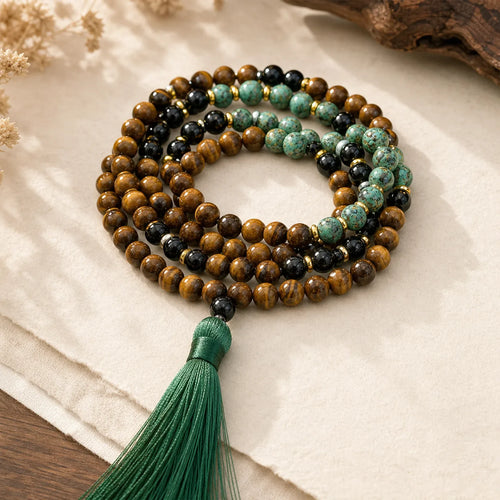 108 Mala Natural Stone Tiger Eye Turquoise Beads Tassel Protection Bracelet featuring Tiger Eye, Turquoise