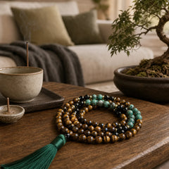 108 Mala Natural Stone Tiger Eye Turquoise Beads Tassel Protection Bracelet featuring Tiger Eye, Turquoise