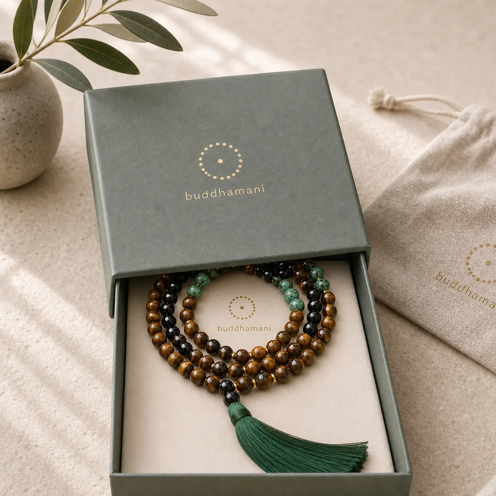 108 Mala Natural Stone Tiger Eye Turquoise Beads Tassel Protection Bracelet featuring Tiger Eye, Turquoise