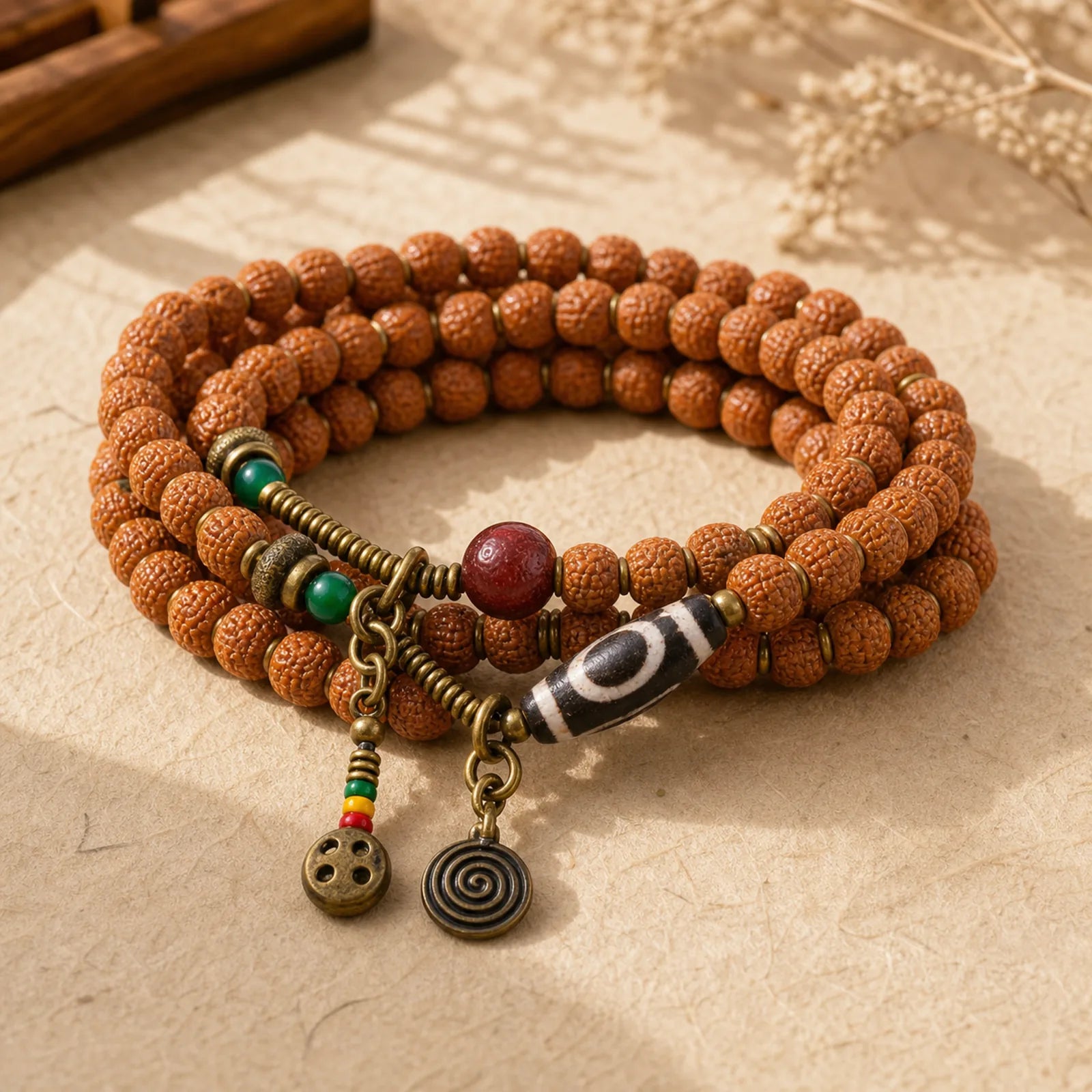108 Mala Rudraksha Beads Bodhi Seed Dzi Bead Luck Auspiciousness Tassel Bracelet featuring Bodhi Seed, Dzi Bead, Nine-Eye Dzi Bead