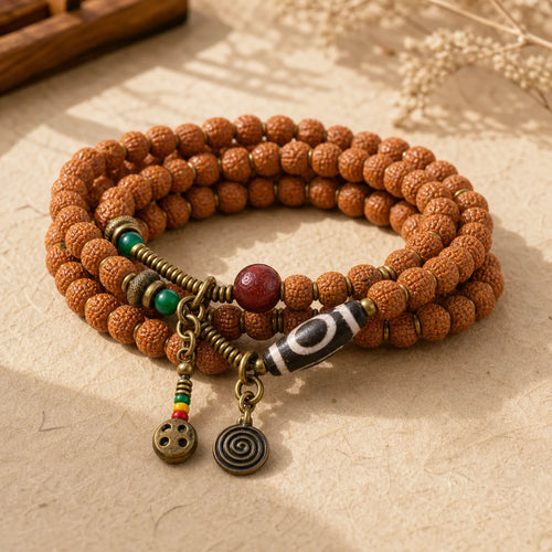 108 Mala Rudraksha Beads Bodhi Seed Dzi Bead Luck Auspiciousness Tassel Bracelet featuring Bodhi Seed, Dzi Bead, Nine-Eye Dzi Bead