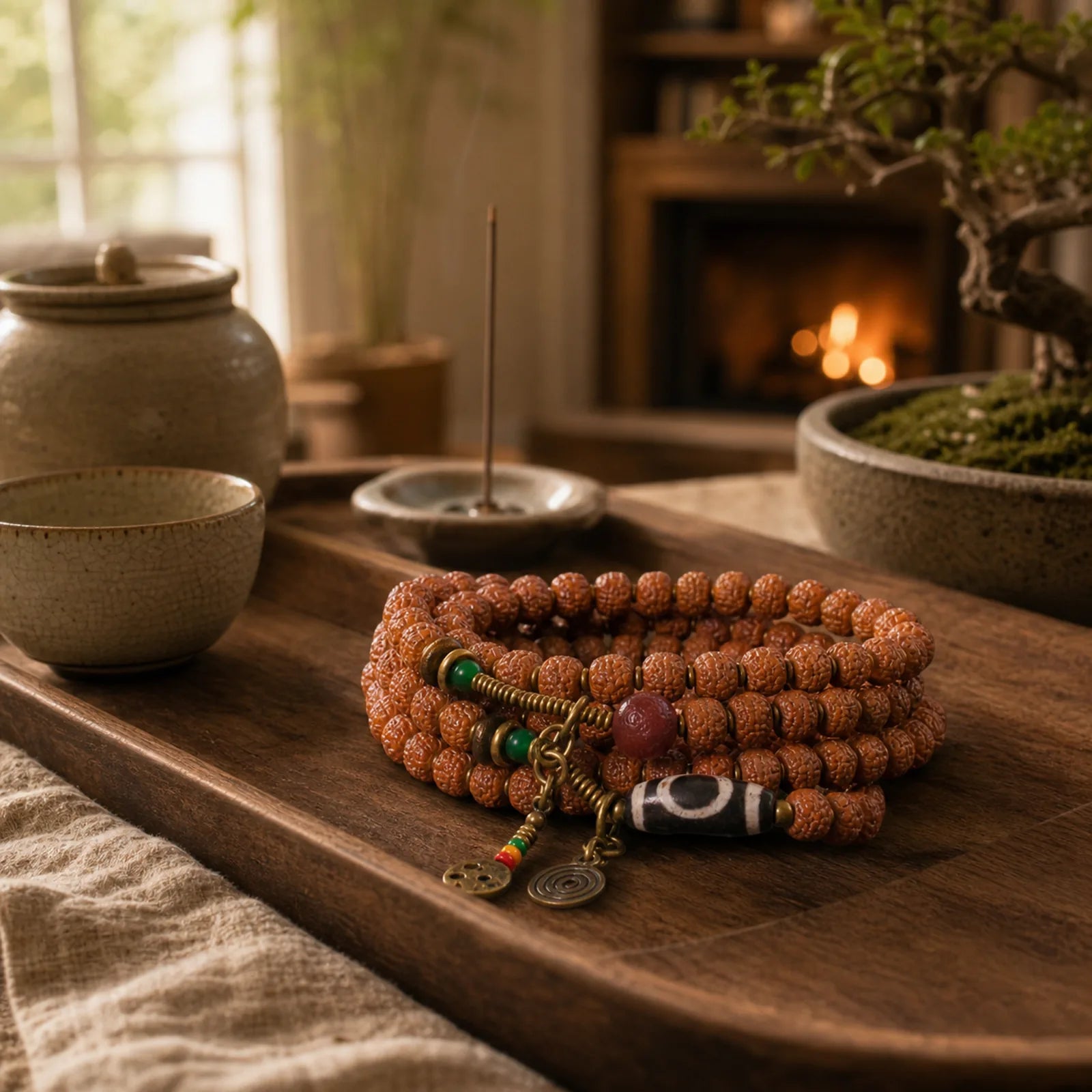 108 Mala Rudraksha Beads Bodhi Seed Dzi Bead Luck Auspiciousness Tassel Bracelet featuring Bodhi Seed, Dzi Bead, Nine-Eye Dzi Bead