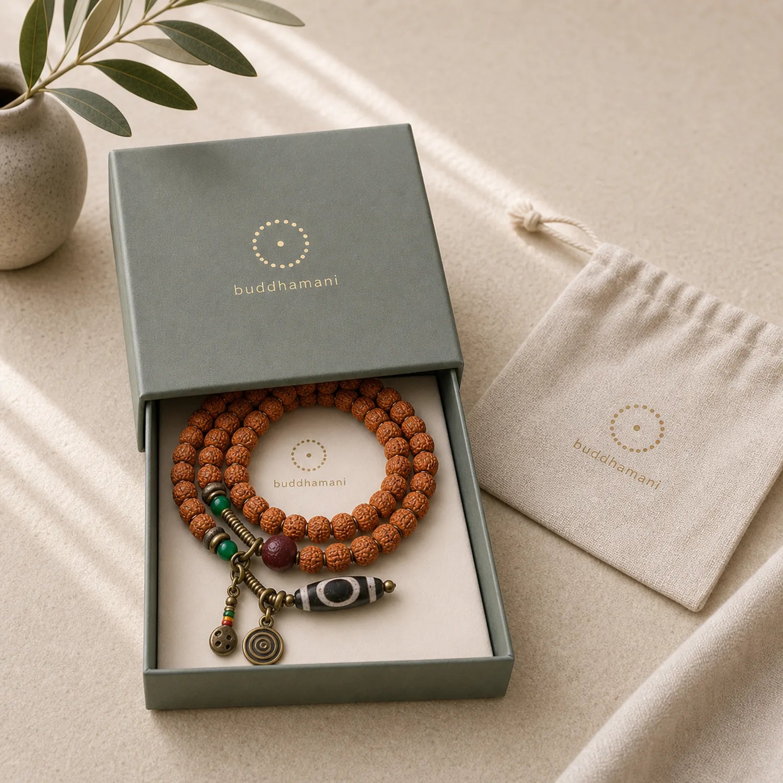 108 Mala Rudraksha Beads Bodhi Seed Dzi Bead Luck Auspiciousness Tassel Bracelet featuring Bodhi Seed, Dzi Bead, Nine-Eye Dzi Bead