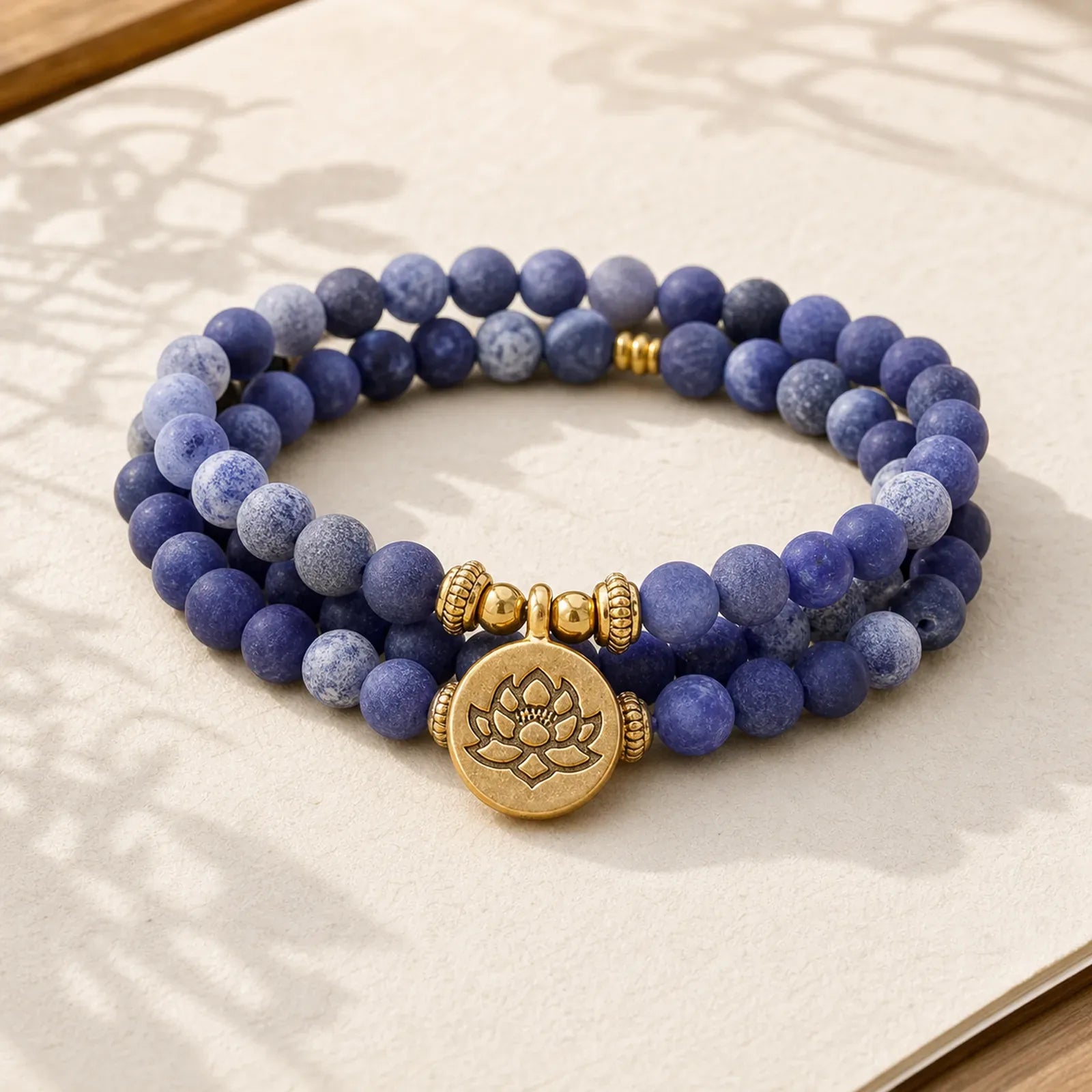 108 Natural Picasso Jasper & Blue Stone Mala Bead Lotus Pendant Bracelet featuring Picasso Jasper, Lotus