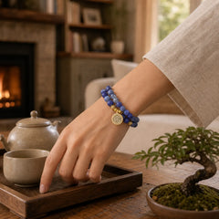 108 Natural Picasso Jasper & Blue Stone Mala Bead Lotus Pendant Bracelet featuring Picasso Jasper, Lotus