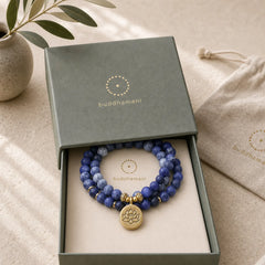 108 Natural Picasso Jasper & Blue Stone Mala Bead Lotus Pendant Bracelet featuring Picasso Jasper, Lotus