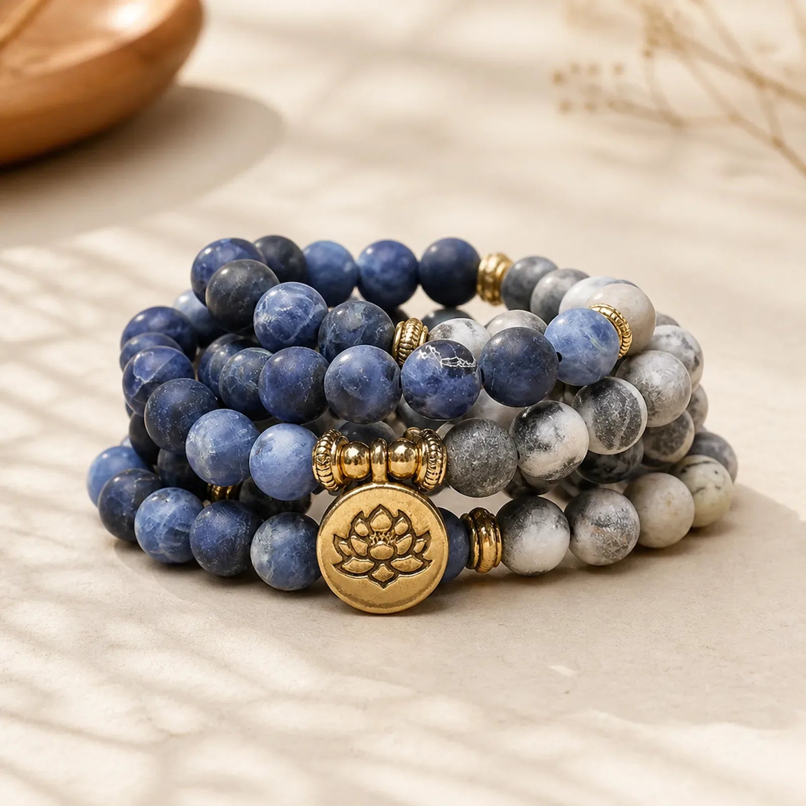 108 Natural Stone Mala Bead Lotus Pendant Bracelet featuring Lotus