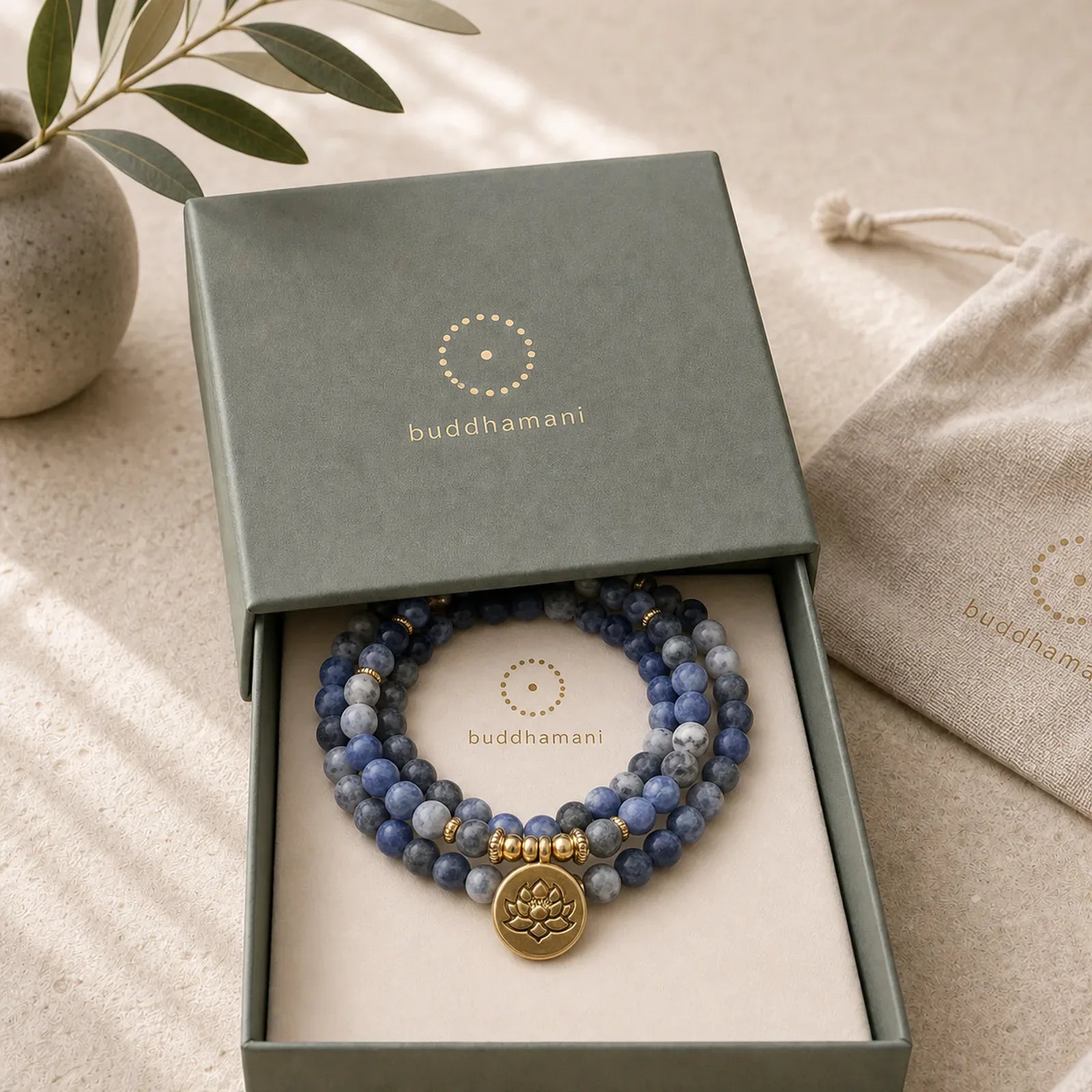 108 Natural Stone Mala Bead Lotus Pendant Bracelet featuring Lotus