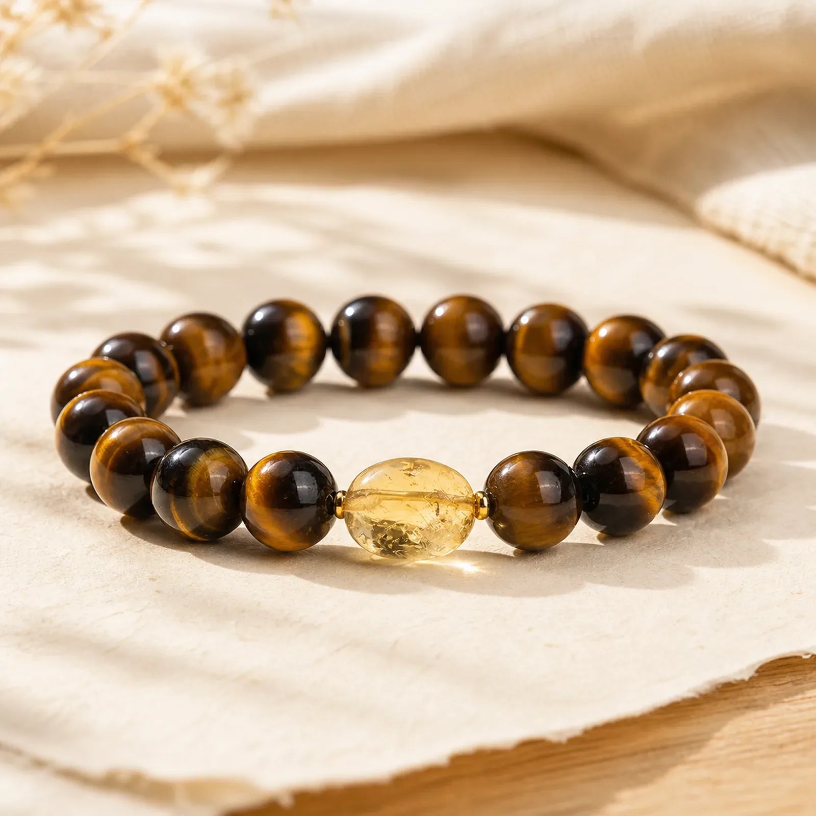 10mm Natural Tiger Eye Citrine Bead Courage Bracelet featuring Tiger Eye, Citrine