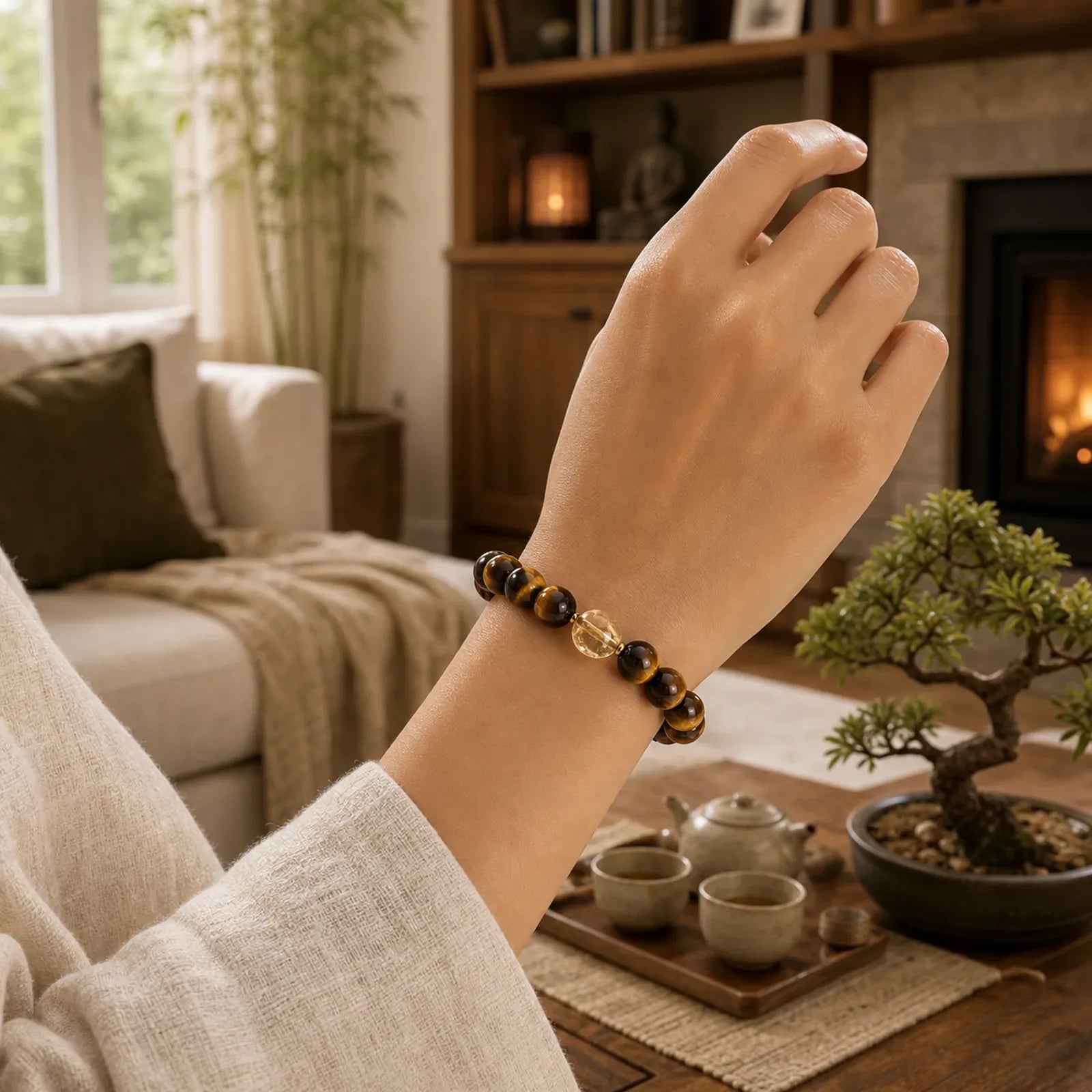 10mm Natural Tiger Eye Citrine Bead Courage Bracelet featuring Tiger Eye, Citrine