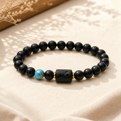 12 Constellations of the Zodiac Black Onyx Adjustable Bracelet featuring Black Onyx, Turquoise, Emperor Stone