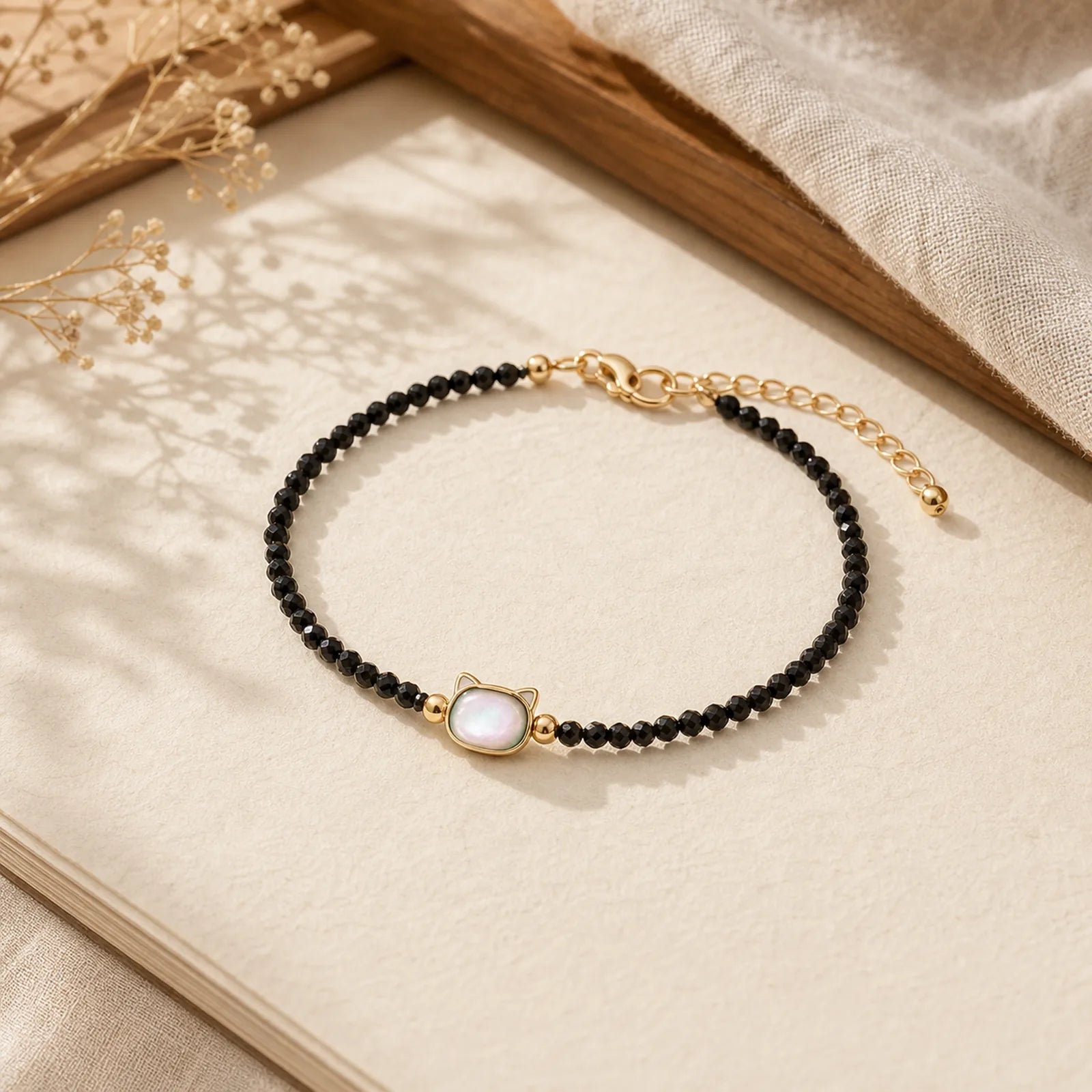 14K Gold Plated Black Spinel White Crystal Cute Cat Tridacna Stone Healing Bracelet featuring Black Spinel, Clear Quartz / White Crystal, Tridacna Stone