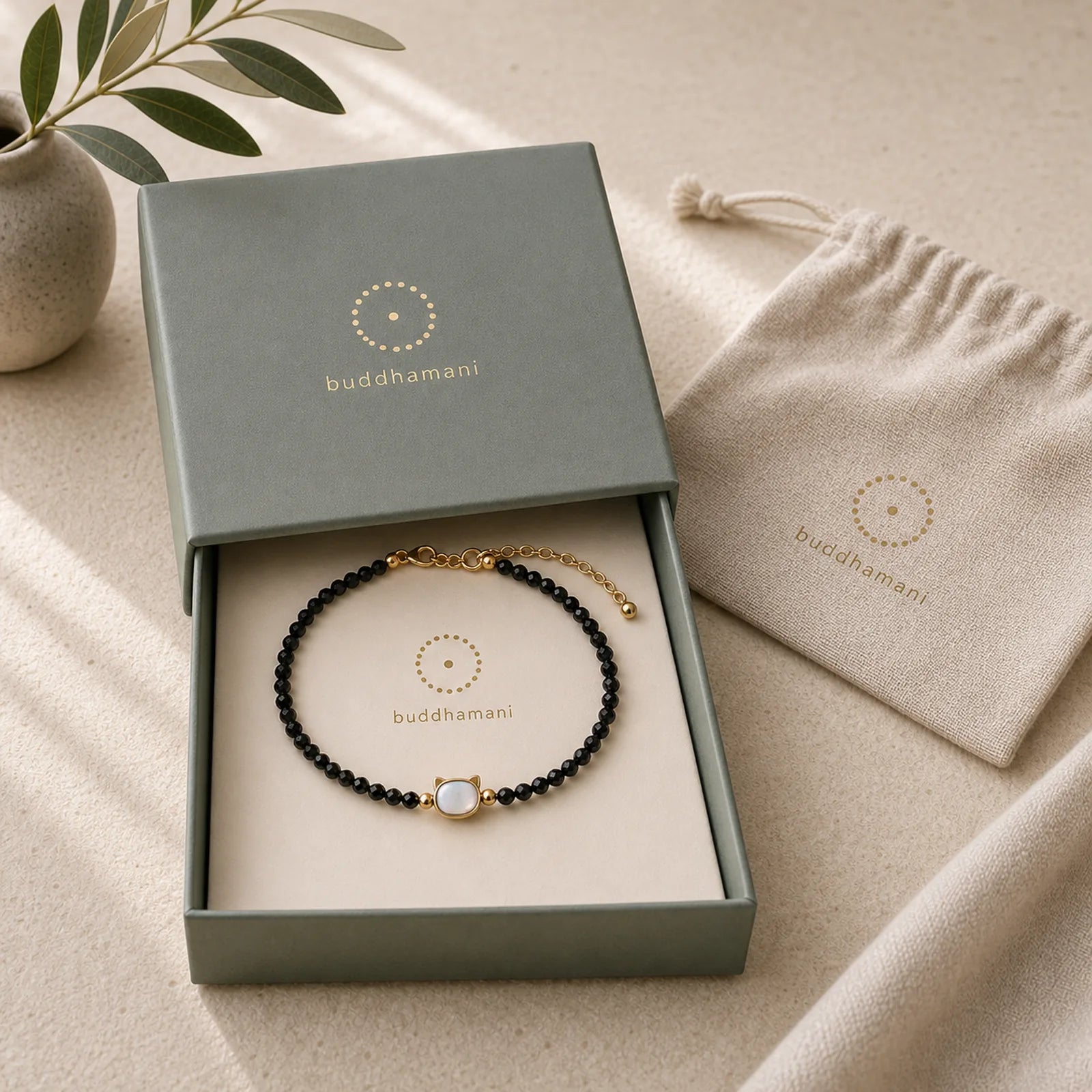 14K Gold Plated Black Spinel White Crystal Cute Cat Tridacna Stone Healing Bracelet featuring Black Spinel, Clear Quartz / White Crystal, Tridacna Stone