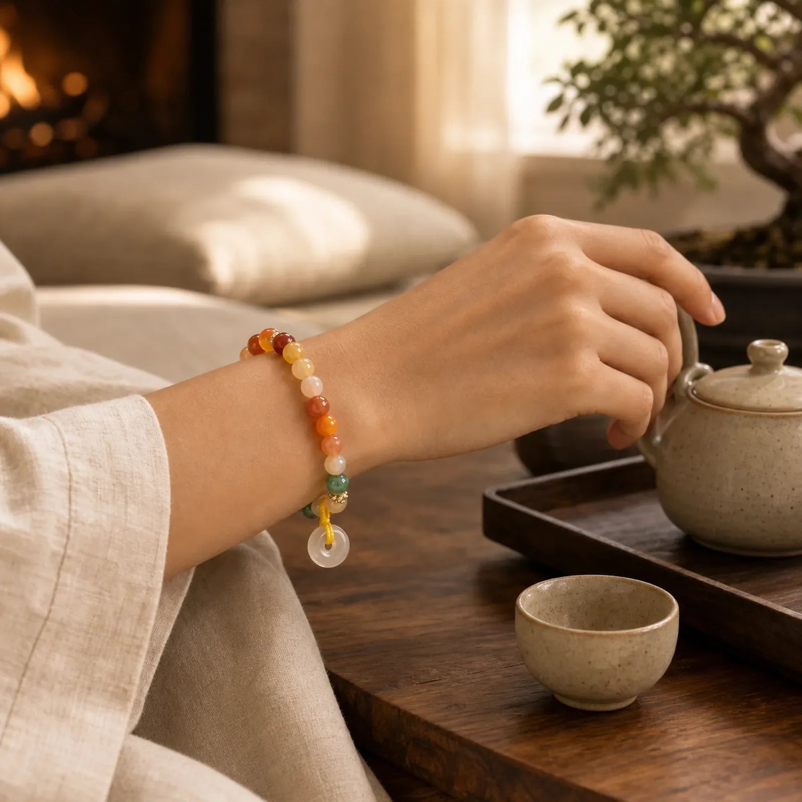 14K Gold Plated Colorful Golden Silk Jade Peace Buckle Wealth Bracelet featuring Golden Silk Jade, Peace Buckle, Copper