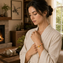 14K Gold Plated Colorful Golden Silk Jade Peace Buckle Wealth Bracelet featuring Golden Silk Jade, Peace Buckle, Copper