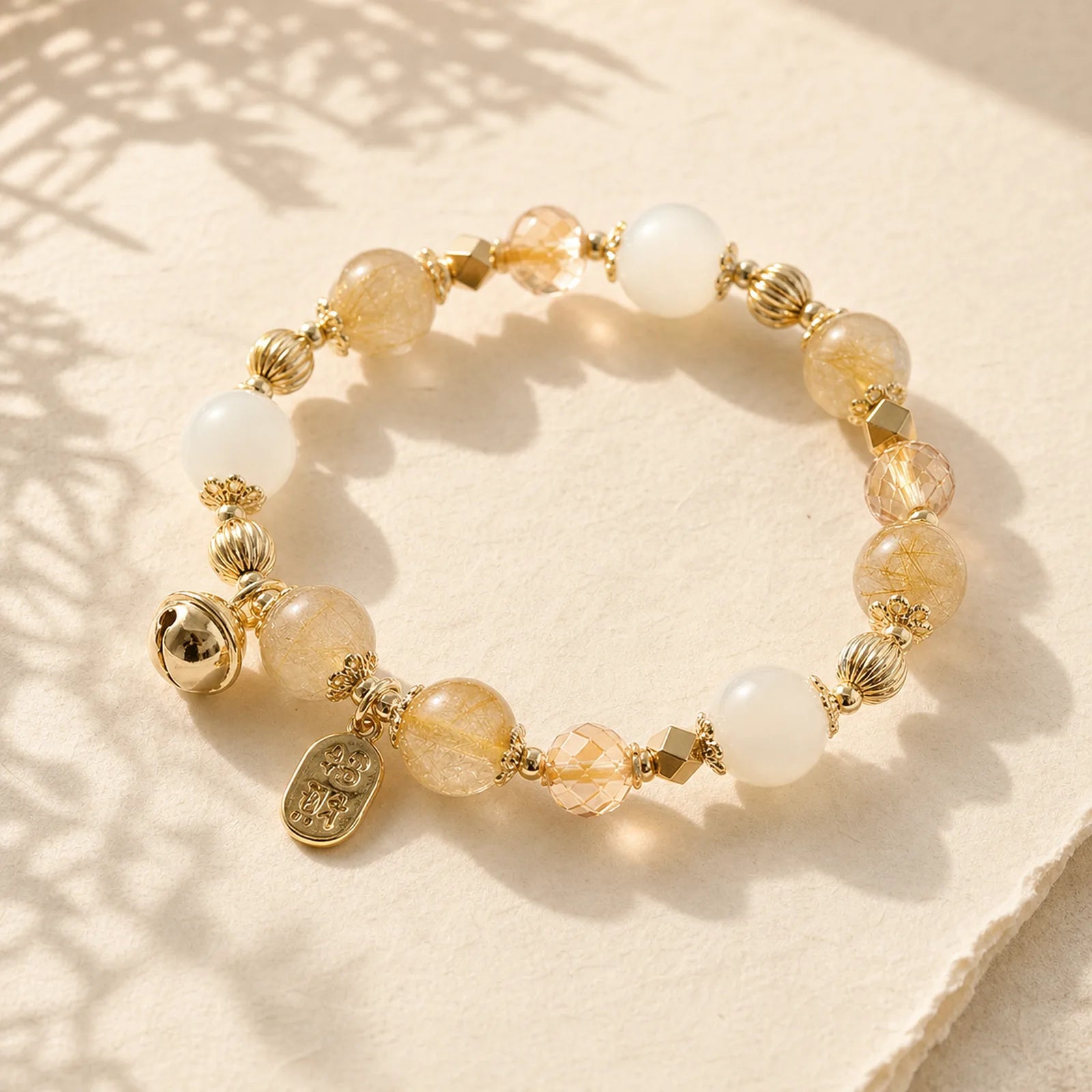 14K Gold Plated Golden Rutilated Quartz Wealth Bell Lucky Fortune Charm Bracelet featuring Rutilated Quartz, Moonstone