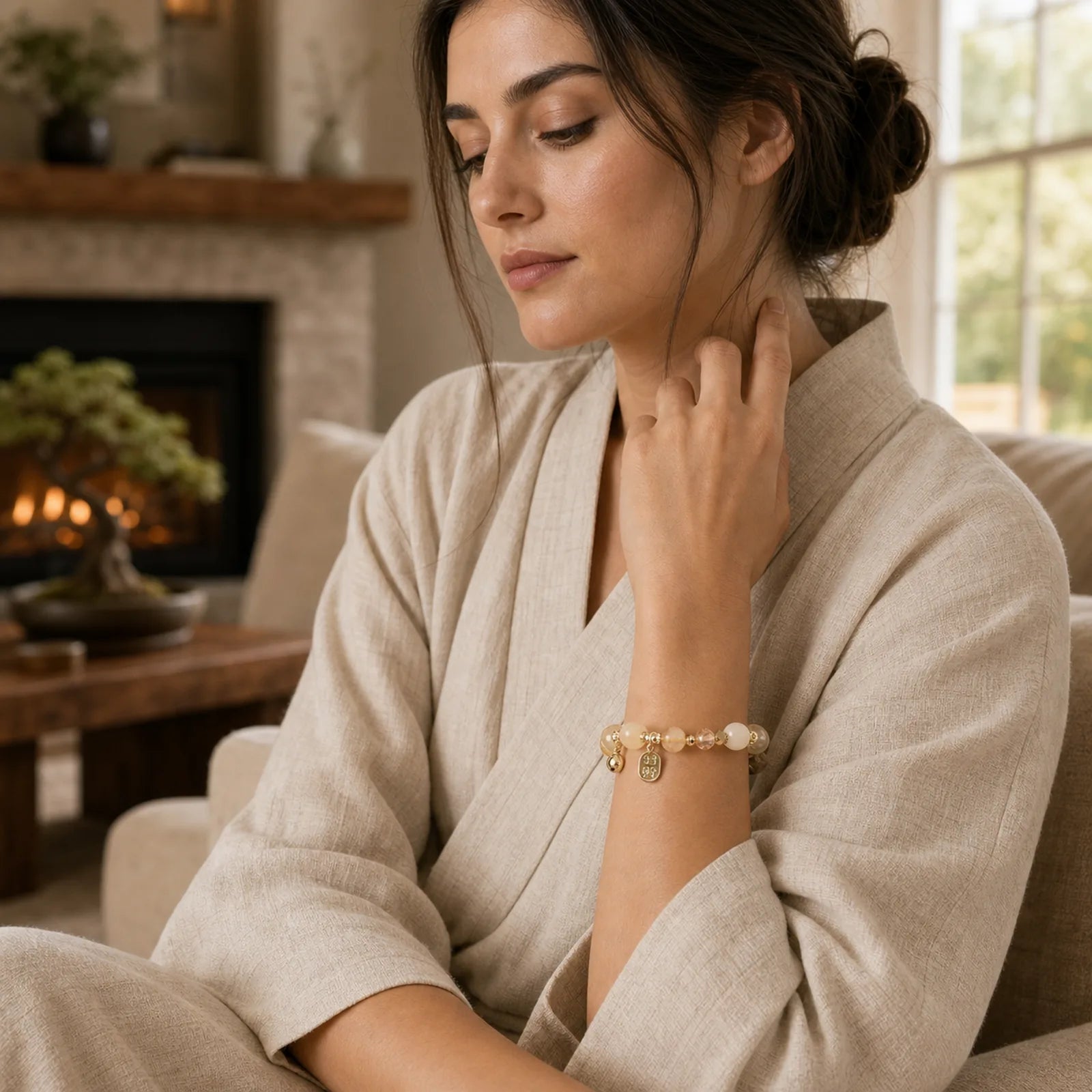 14K Gold Plated Golden Rutilated Quartz Wealth Bell Lucky Fortune Charm Bracelet featuring Rutilated Quartz, Moonstone
