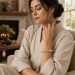 14K Gold Plated Golden Rutilated Quartz Wealth Bell Lucky Fortune Charm Bracelet featuring Rutilated Quartz, Moonstone