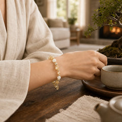 14K Gold Plated Golden Rutilated Quartz Wealth Bell Lucky Fortune Charm Bracelet featuring Rutilated Quartz, Moonstone