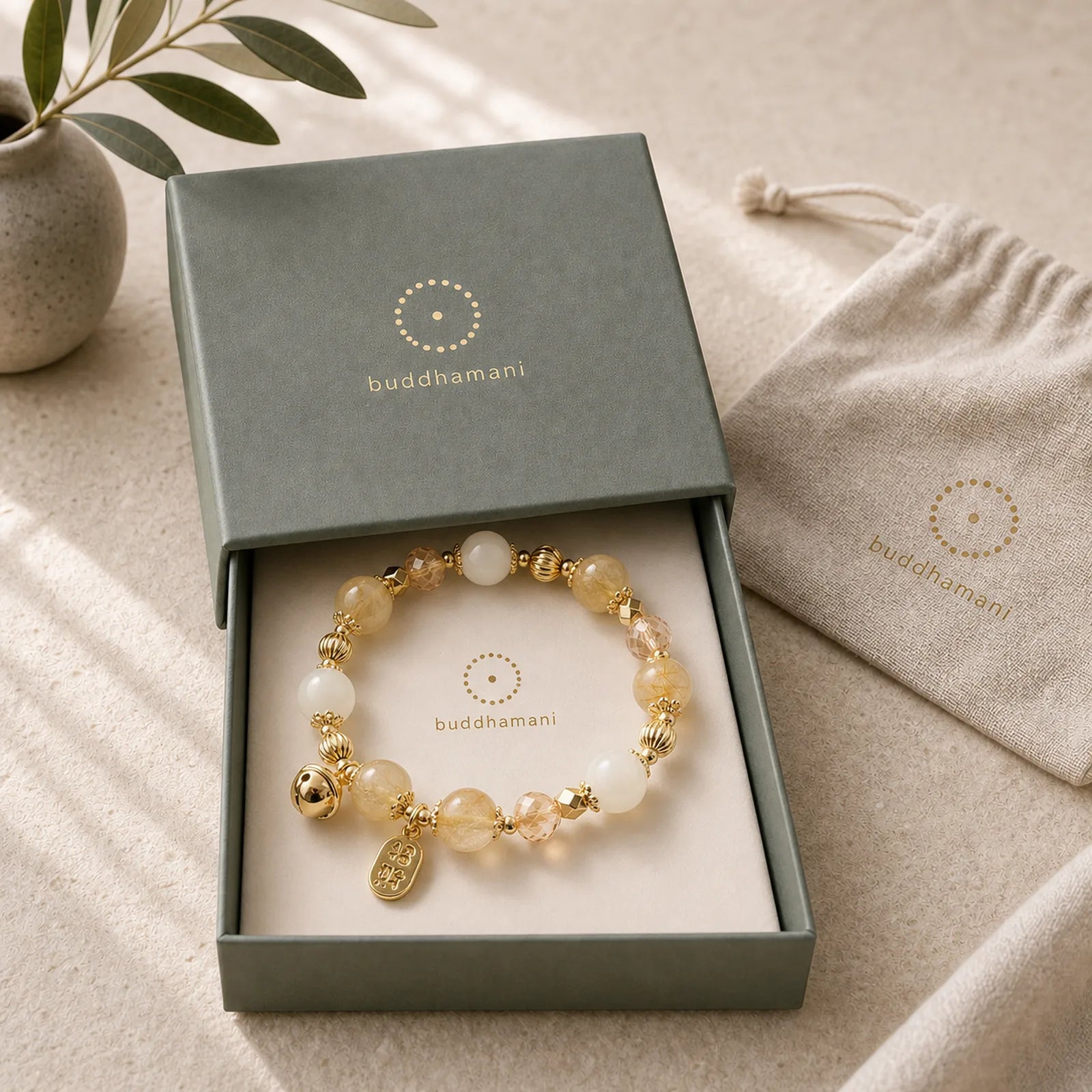 14K Gold Plated Golden Rutilated Quartz Wealth Bell Lucky Fortune Charm Bracelet featuring Rutilated Quartz, Moonstone