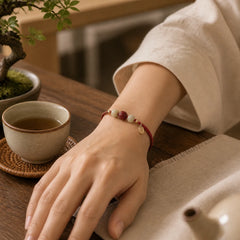14K Gold Plated Hetian Jade Cinnabar Lotus Luck Handcrafted Rope Bracelet featuring Jade, Cinnabar, Lotus