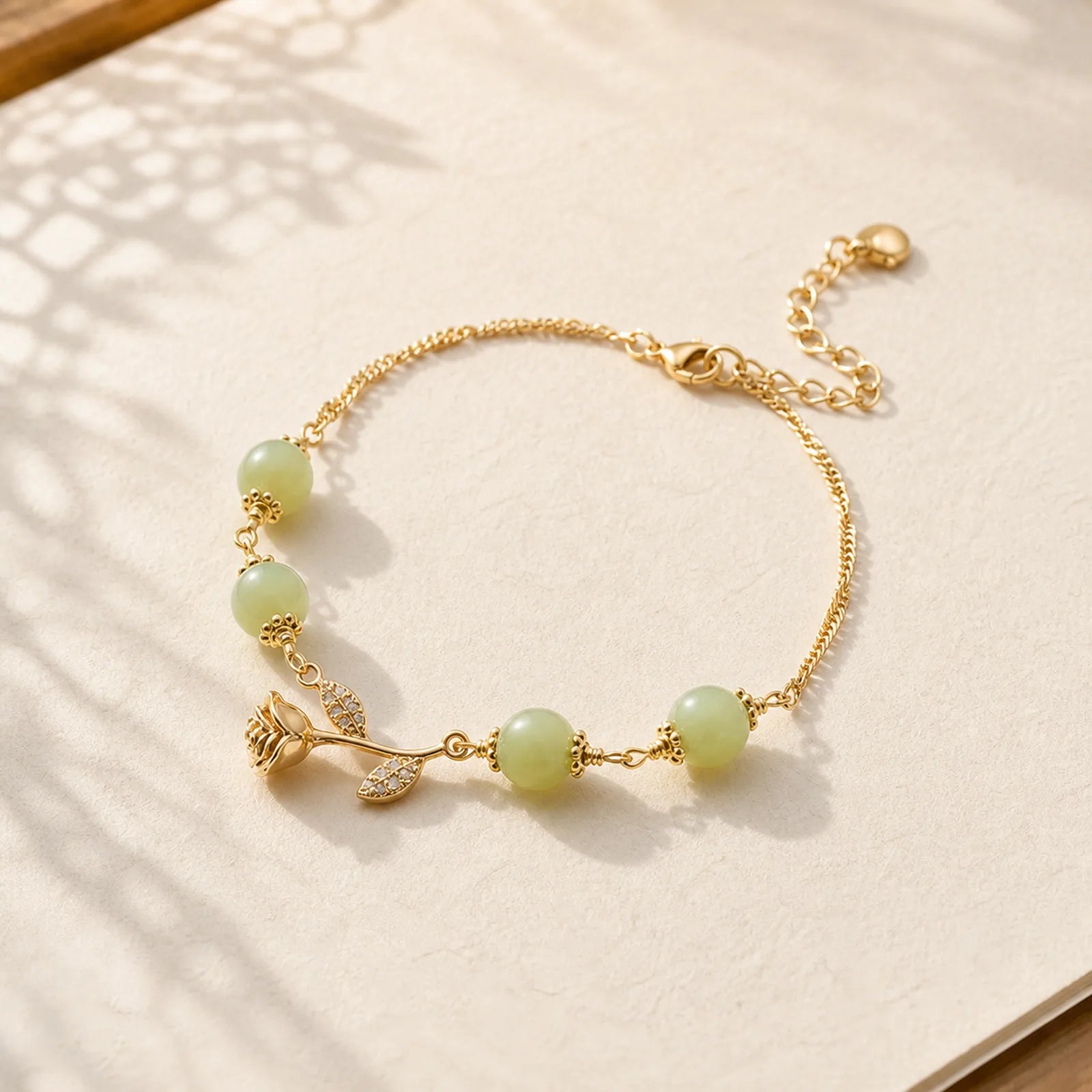 14K Gold Plated Hetian Jade Golden Rose Flower Luck Chain Bracelet featuring Jade