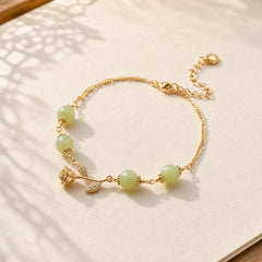 14K Gold Plated Hetian Jade Golden Rose Flower Luck Chain Bracelet featuring Jade