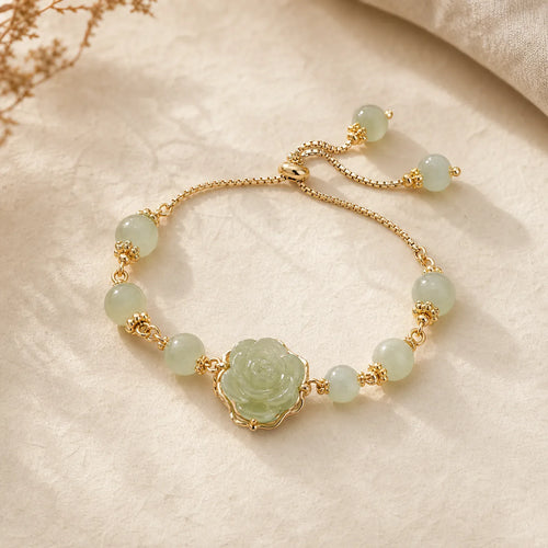 14K Gold Plated Hetian Jade Rose Flower Luck Chain Bracelet featuring Jade, Copper