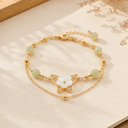 14K Gold Plated Jade Butterfly Tridacna Stone Flower Double Layer Luck Bracelet featuring Jade, Butterfly, Tridacna Stone