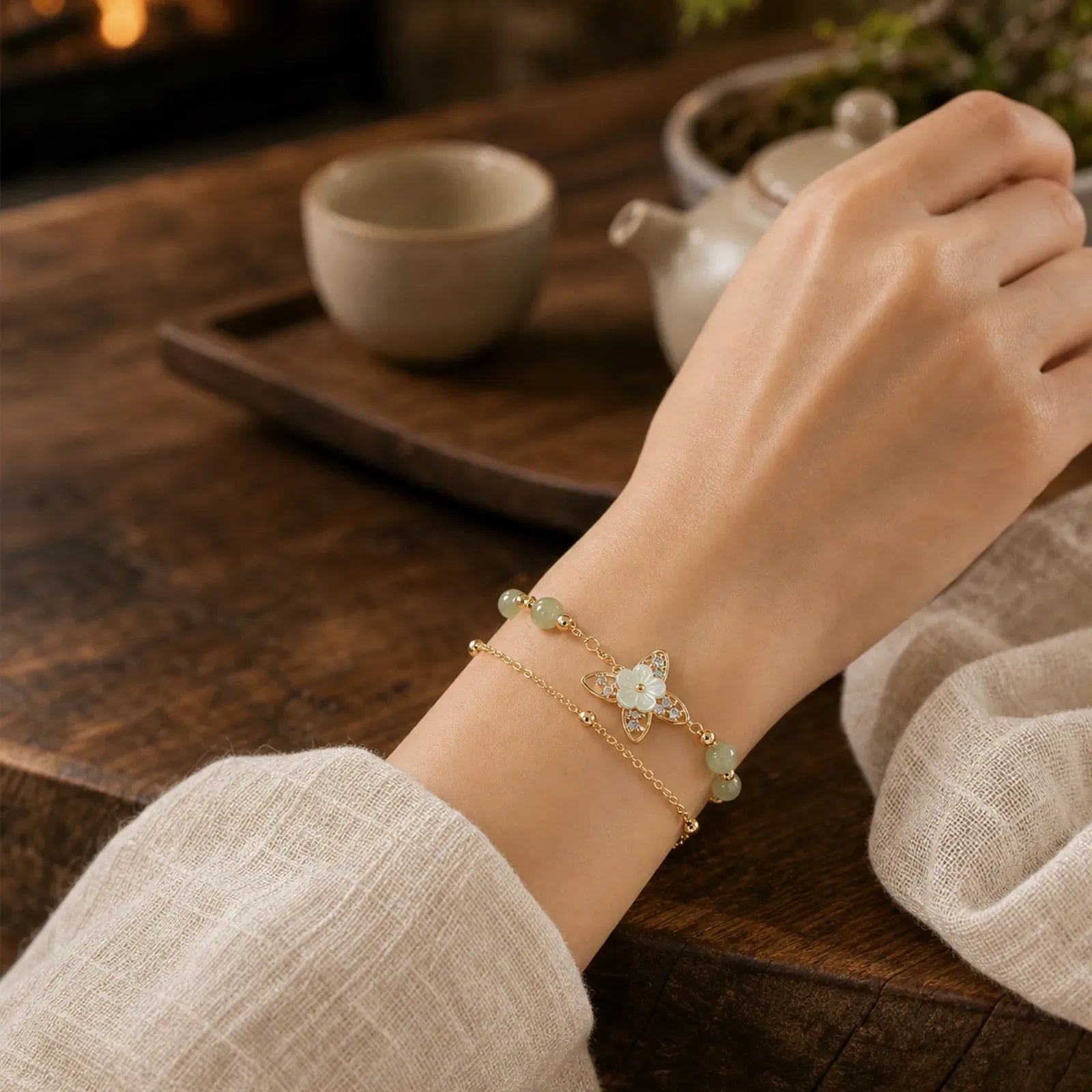 14K Gold Plated Jade Butterfly Tridacna Stone Flower Double Layer Luck Bracelet featuring Jade, Butterfly, Tridacna Stone