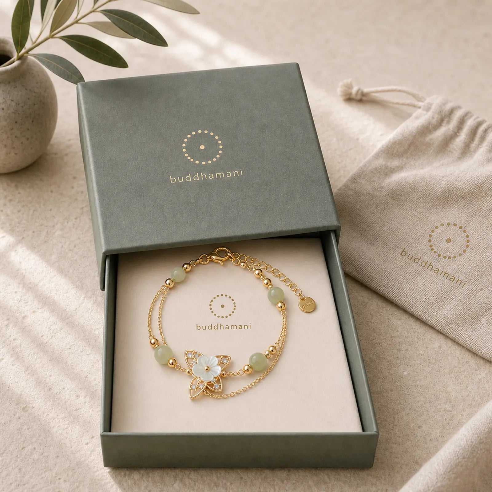 14K Gold Plated Jade Butterfly Tridacna Stone Flower Double Layer Luck Bracelet featuring Jade, Butterfly, Tridacna Stone