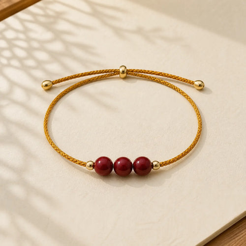 14K Gold Plated Natural Cinnabar Blessing String Braided Bracelet featuring Cinnabar, Red String