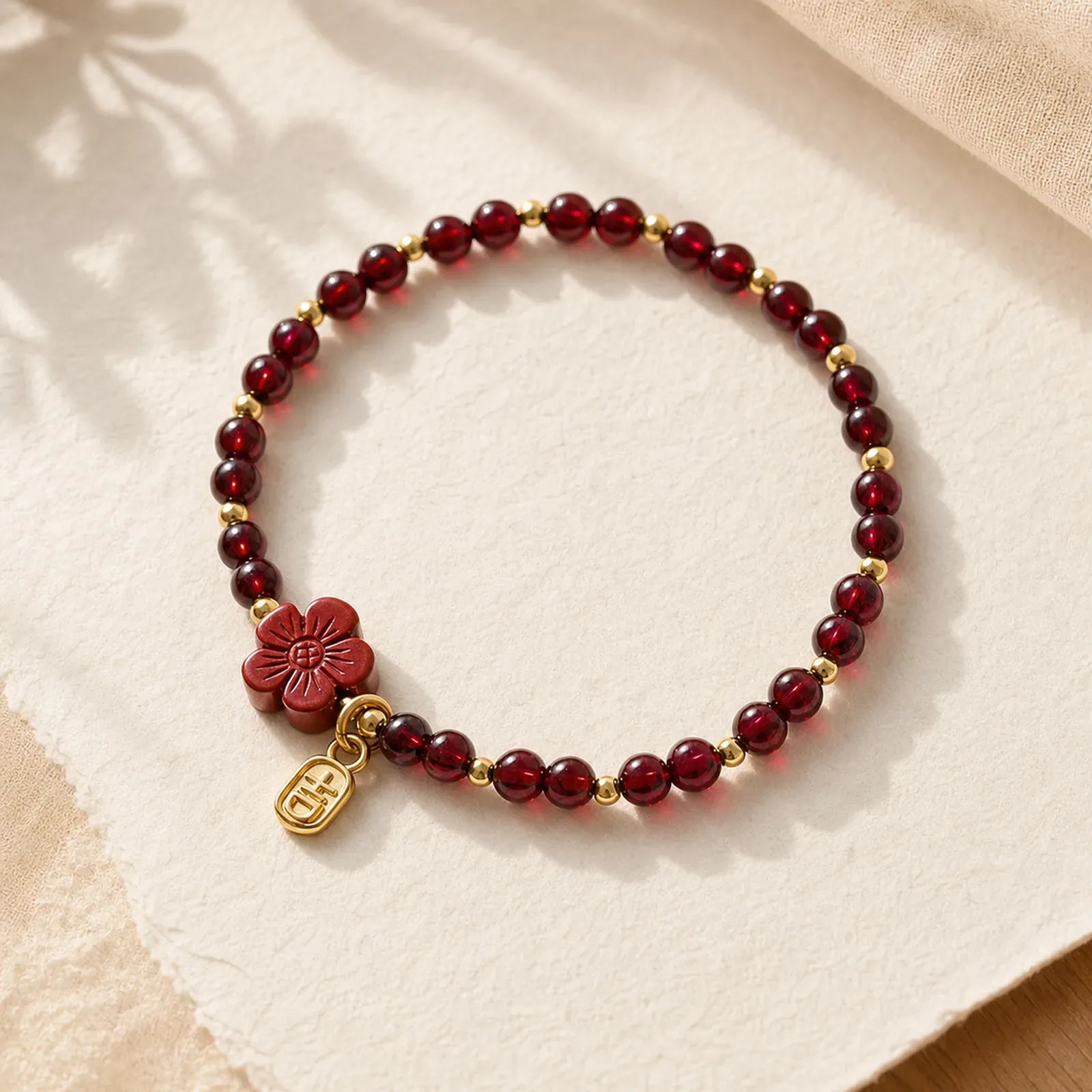 14K Gold Plated Natural Garnet Cinnabar Flower Calm Bracelet featuring Garnet, Cinnabar