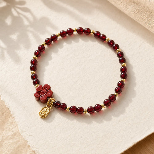 14K Gold Plated Natural Garnet Cinnabar Flower Calm Bracelet featuring Garnet, Cinnabar